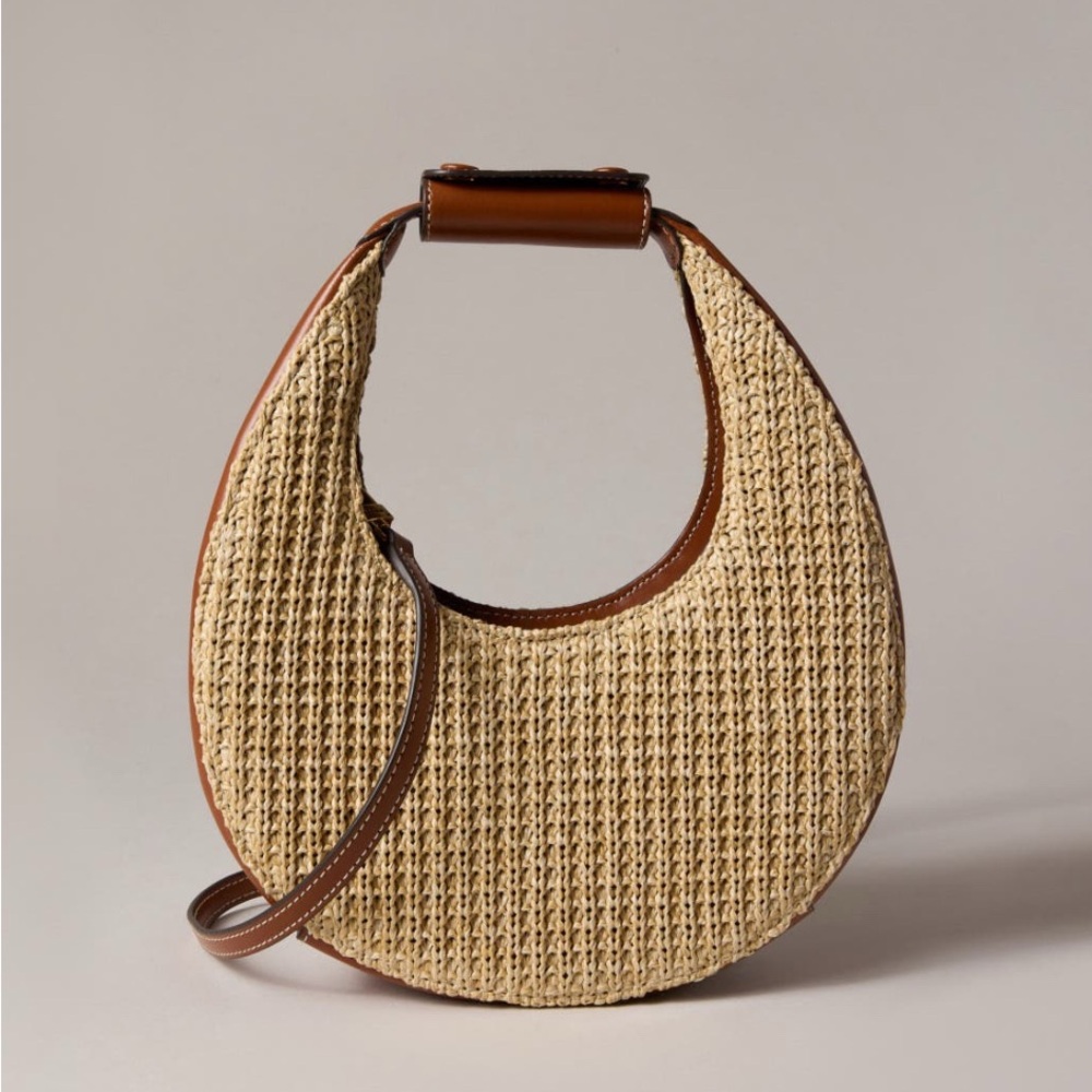 STAUD Crescent Woven Straw Mini Bag with Brown Leather Trim